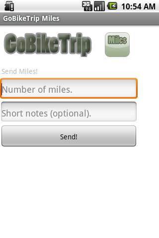 Go Bike Trip Android app screen shot of the send miles screen